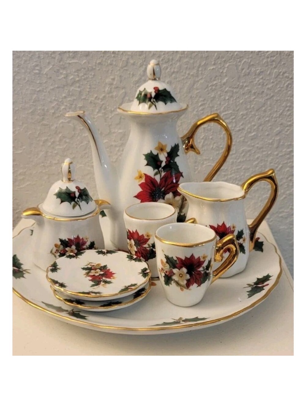 Porcelain Holiday Poinsettia Tea Set - White and Gold